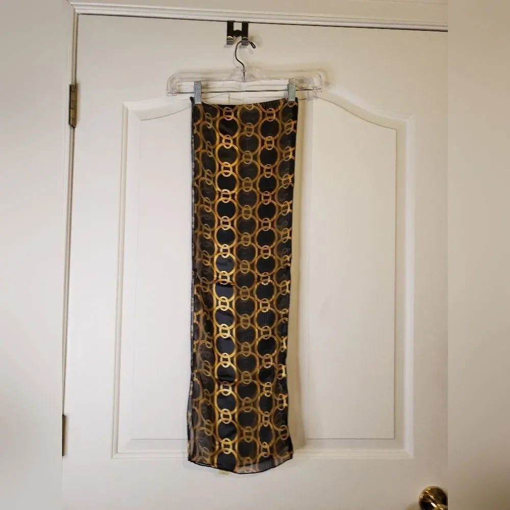 NEW Elegant Accents Black and Gold Scarf, Scarf Clip, And Earrings
